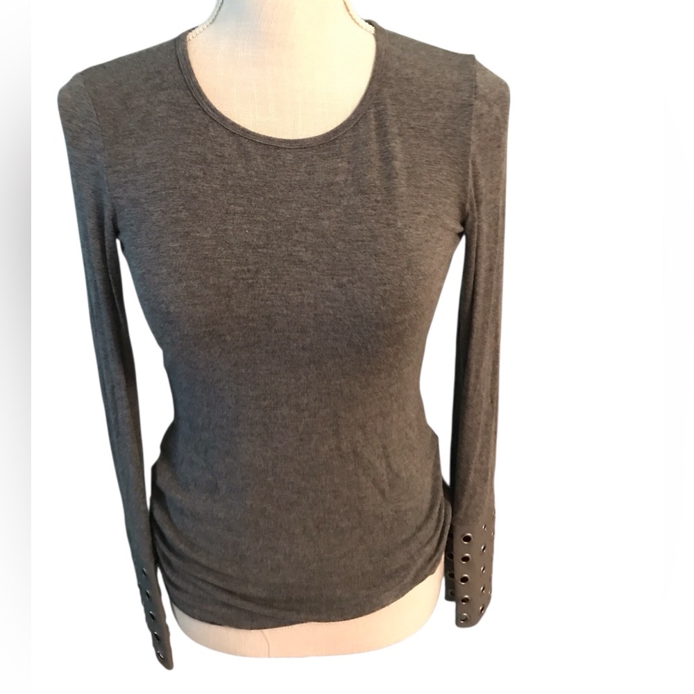 Bailey 44 Charcoal Long Sleeve Top with leather cuff detail